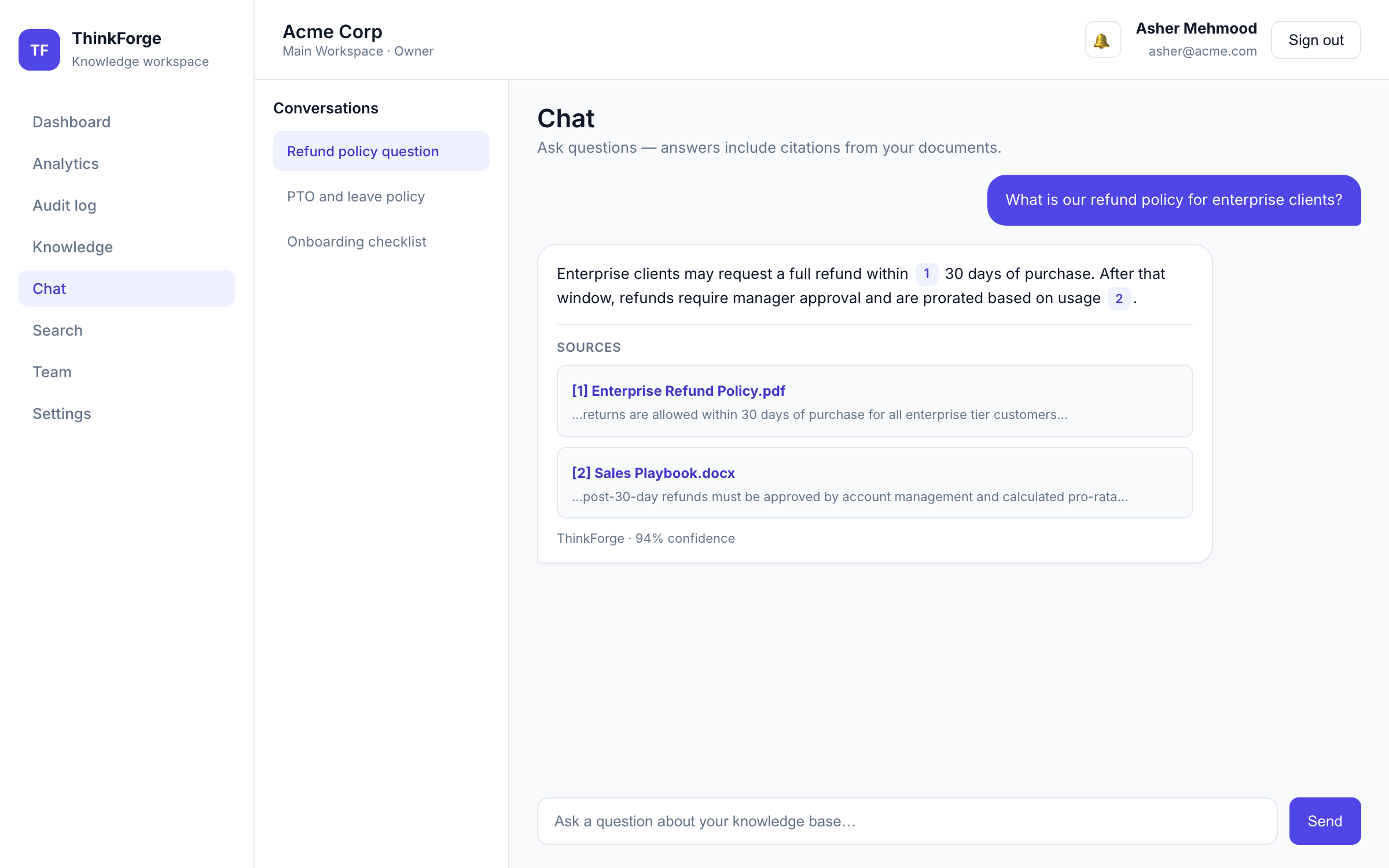 ThinkForge AI chat with cited answers from uploaded documents
