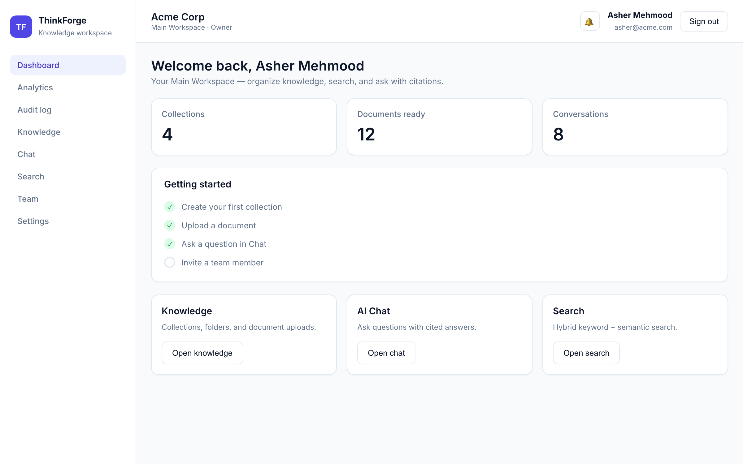 ThinkForge AI dashboard — collections, documents, and quick actions