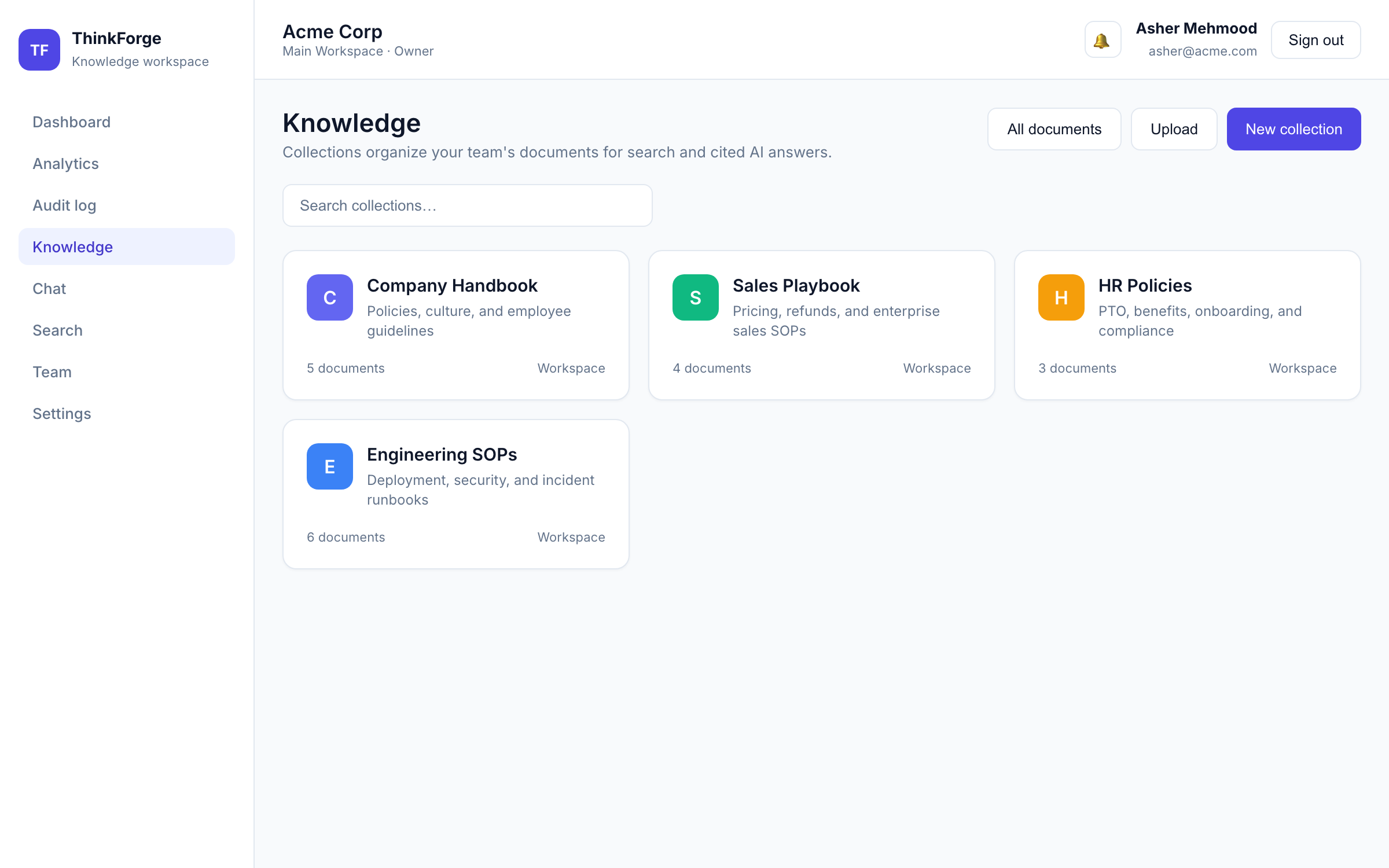 ThinkForge AI knowledge collections for organizing team documents