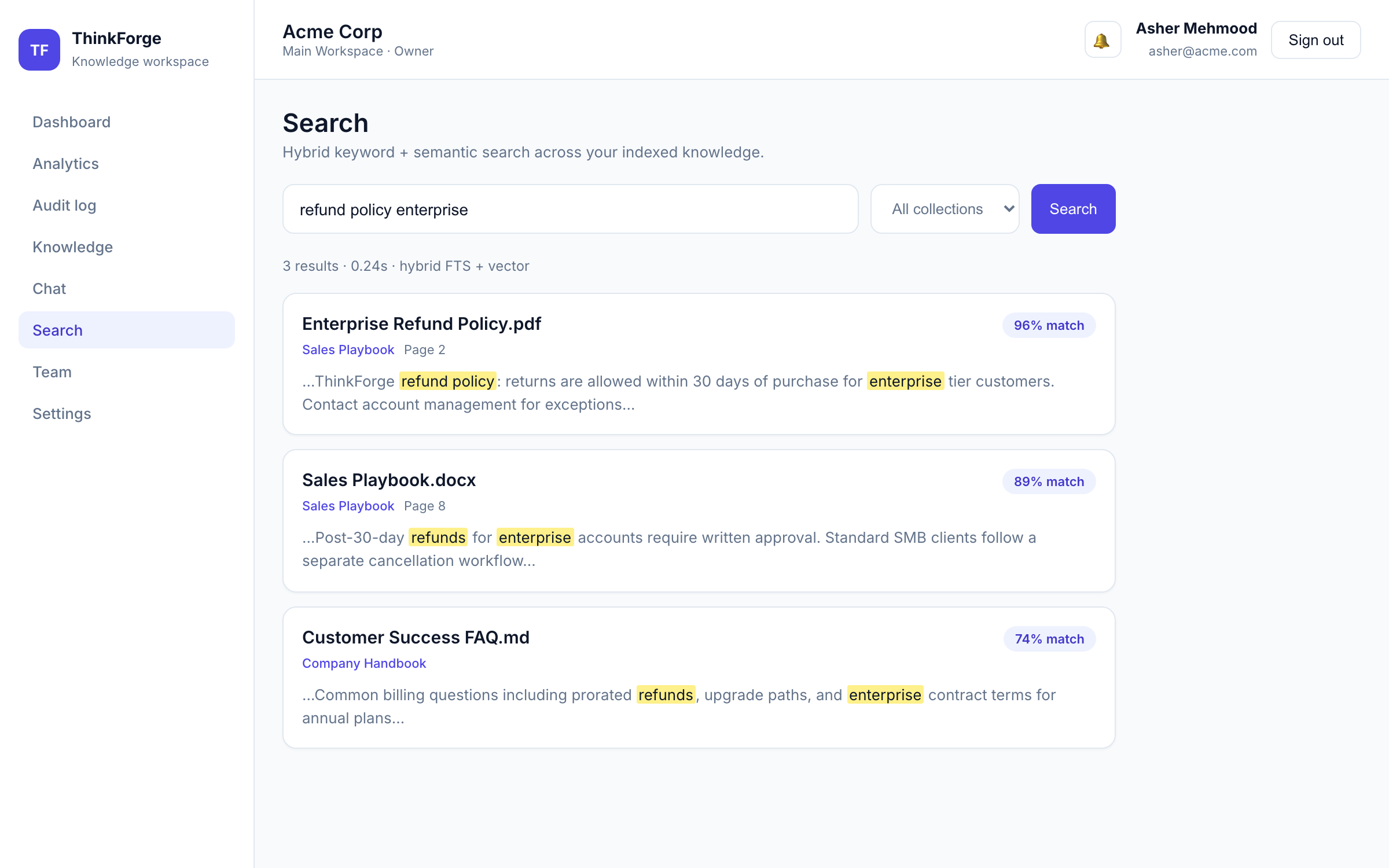 ThinkForge AI hybrid search with relevance scores